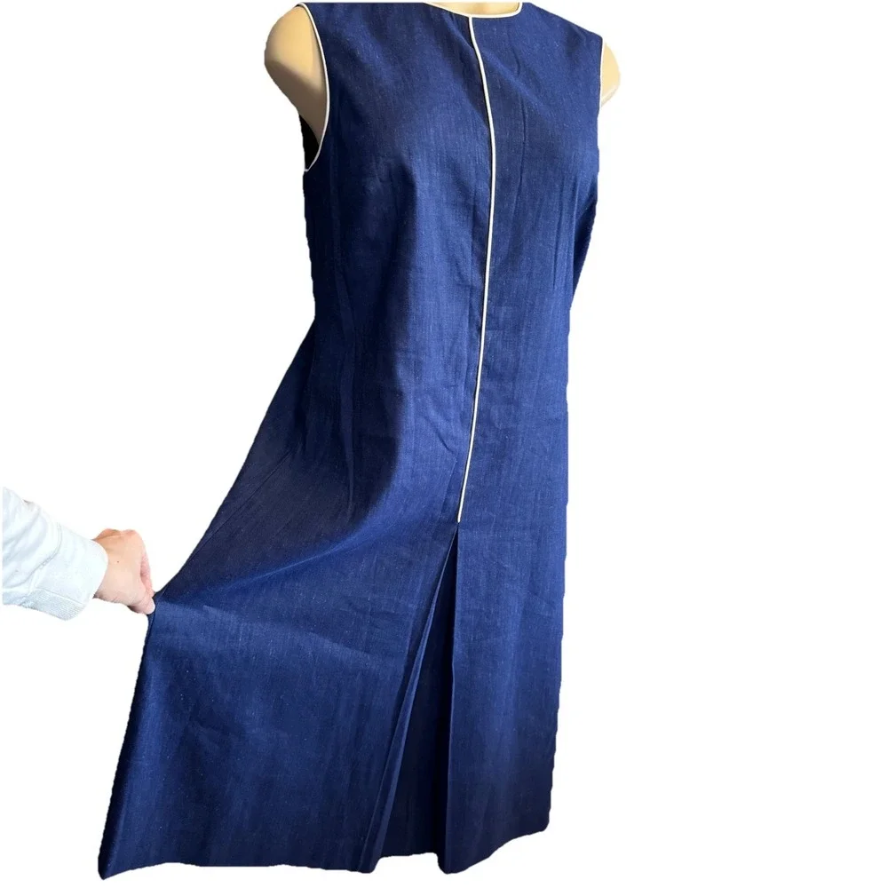 Linen Navy Blue Sleeveless Dress Modest Front Nautical Classic‎ Klein Sz 8